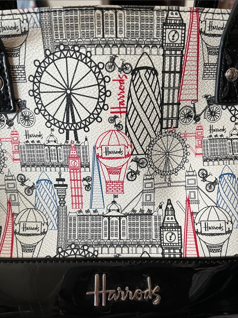 Harrods Black, Cream and Red London Landmark Print Crossbody Tote - Picture 6 of 11